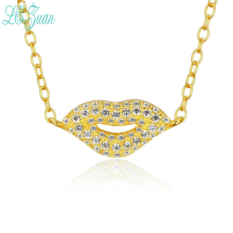 Lips Pendant Necklace 925 Silver Gold Cubic Zirconia Chain