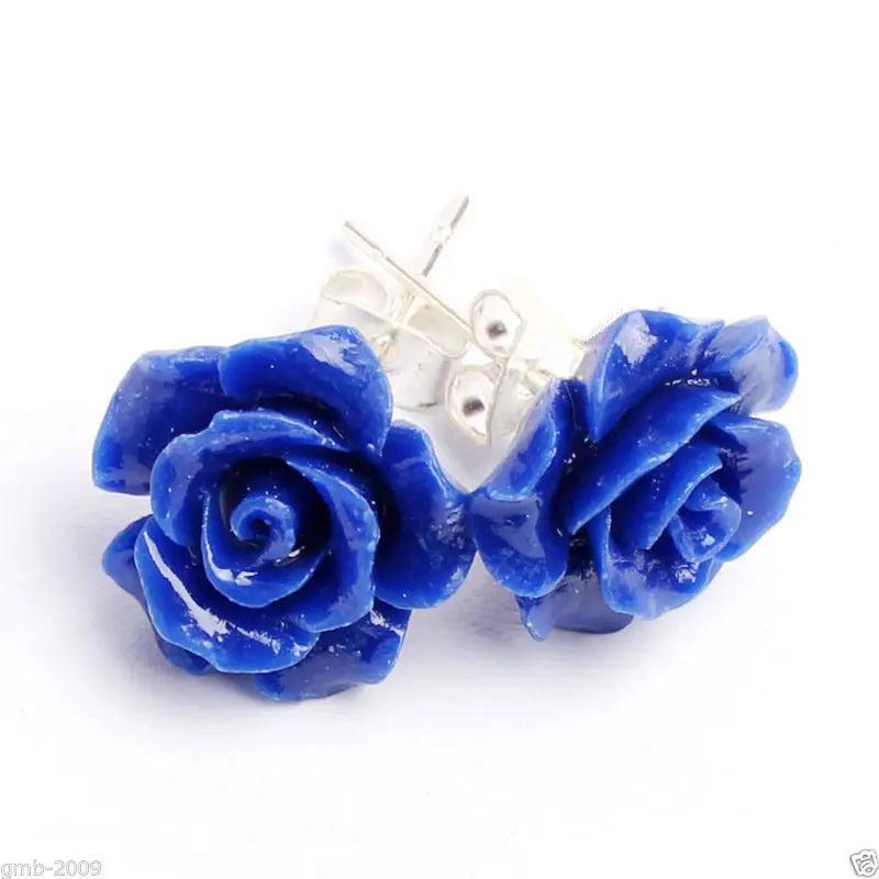 Lapis Lazuli Carved Rose Flower Earrings 925 Silver