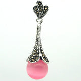 925 Silver Pink Opal Marcasite Necklace Pendant 45*12mm