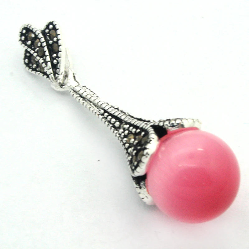 925 Silver Pink Opal Marcasite Necklace Pendant 45*12mm