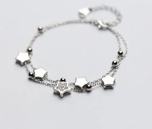925 Sterling Silver Multi-rows Beads & Star Tassel Chain Bracelet