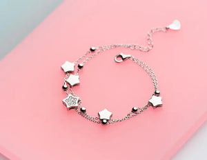925 Sterling Silver Multi-rows Beads & Star Tassel Chain Bracelet