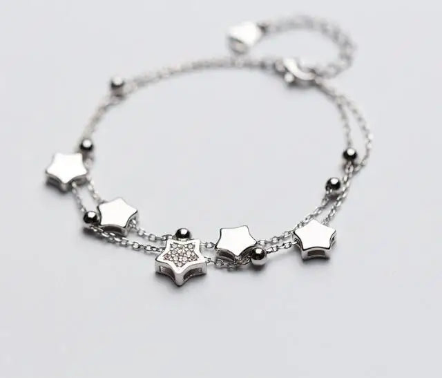 925 Sterling Silver Multi-rows Beads & Star Tassel Chain Bracelet