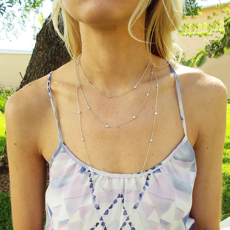 925 Sterling Silver CZ Station Chain Women Choker Long Necklace