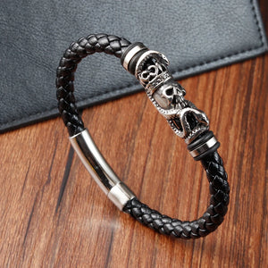 Skull Stainless Steel Braided Leather Bracelet for Men