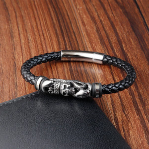 Skull Stainless Steel Braided Leather Bracelet for Men
