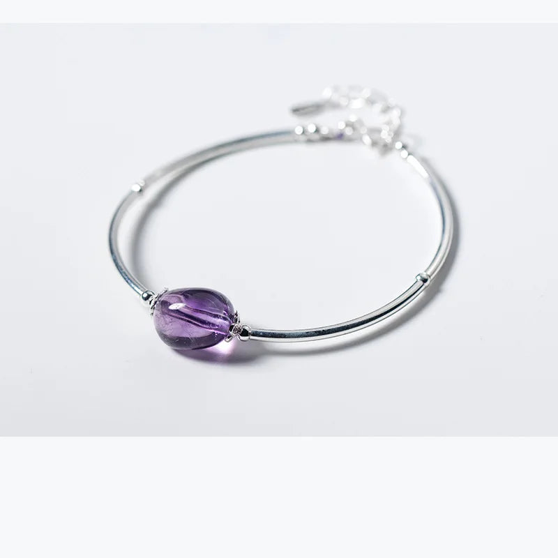 925 Sterling Silver Amethyst Stone Bangle Cuff Bracelet