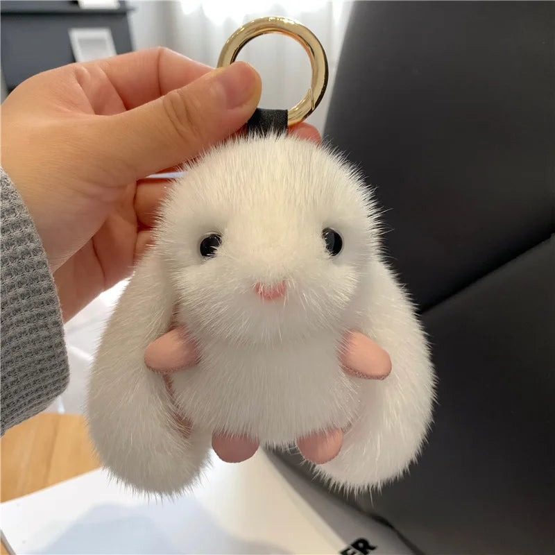 Long Ear Rabbit Keychain Mink Fur Car Keyring Plush Doll Birthday Gift
