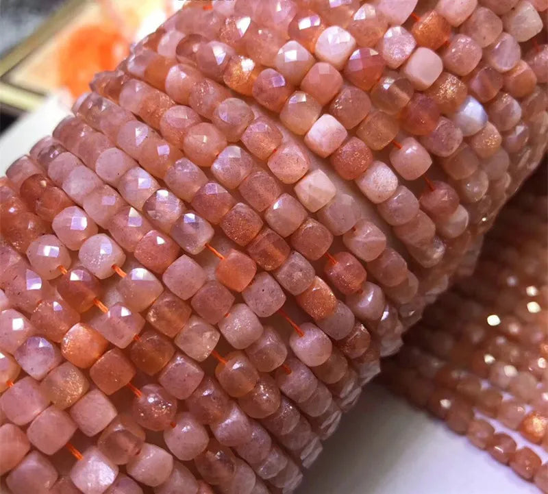 Pink Sunstone Square Faceted Loose Beads 4/5mm for Jewelry Making 14 inch