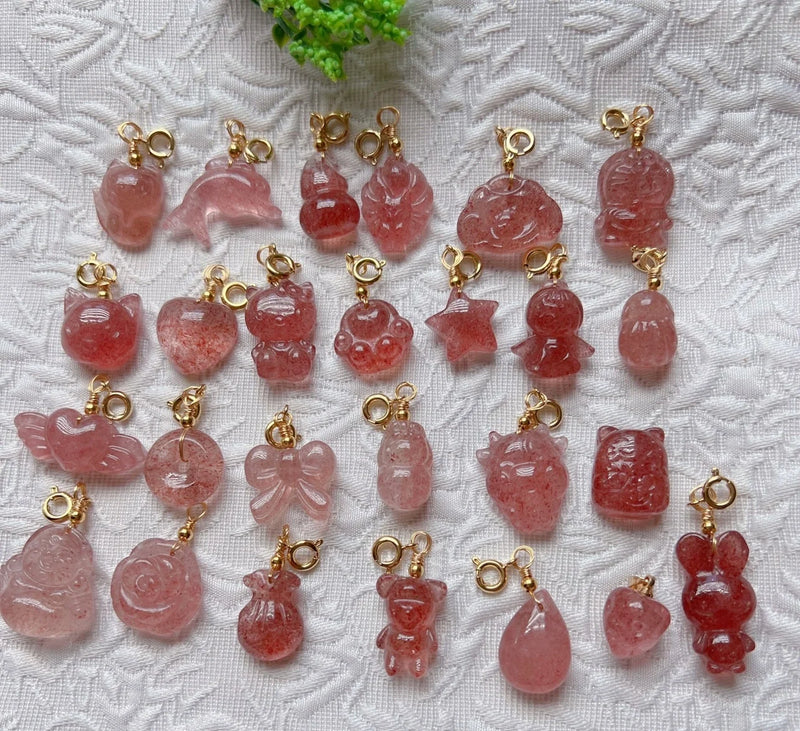 Strawberry Quartz Beads & Rose Quartz Animal Pendant for DIY