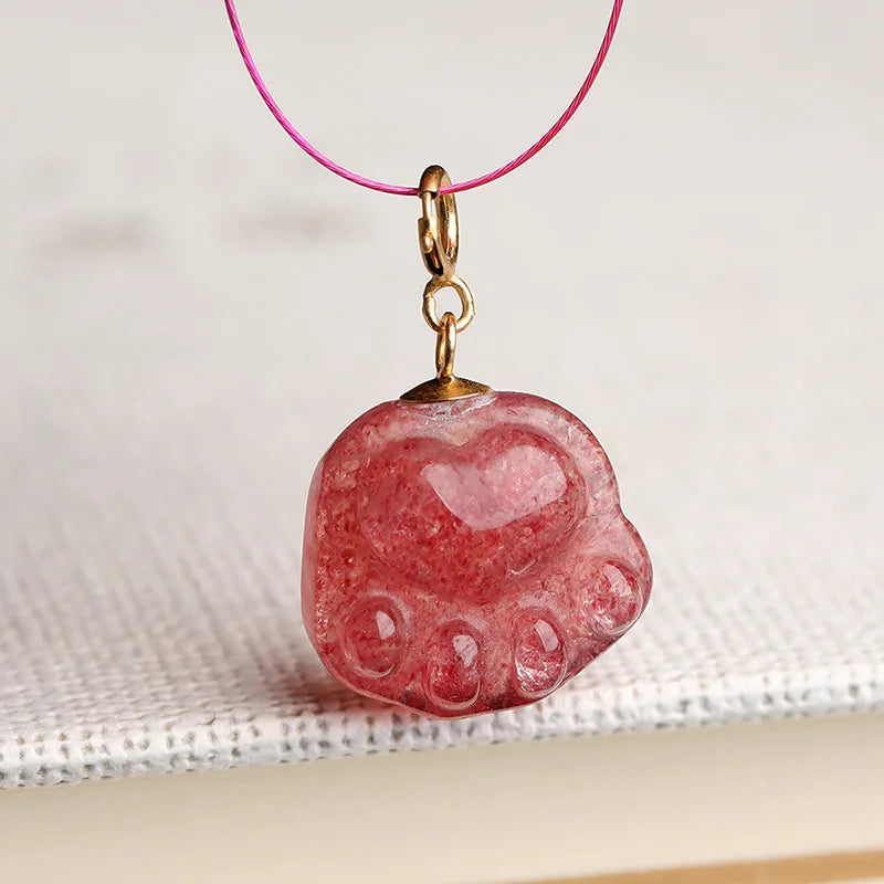 Red Strawberry Quartz Cat Foot Carved Pendant Loose Beads for DIY Jewelry Making
