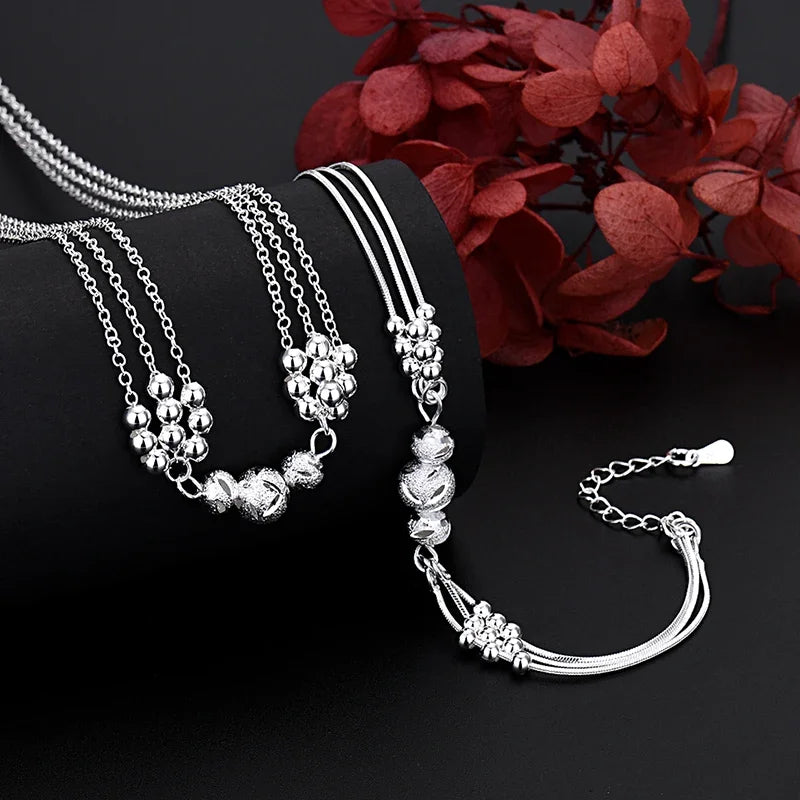 925 Sterling Silver Lucky Beads Necklace Bracelet Set for Women