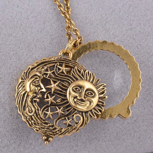Antique Magnifier Pendant Sun Moon Stars Necklace