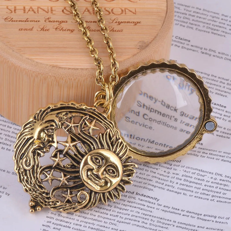 Antique Magnifier Pendant Sun Moon Stars Necklace