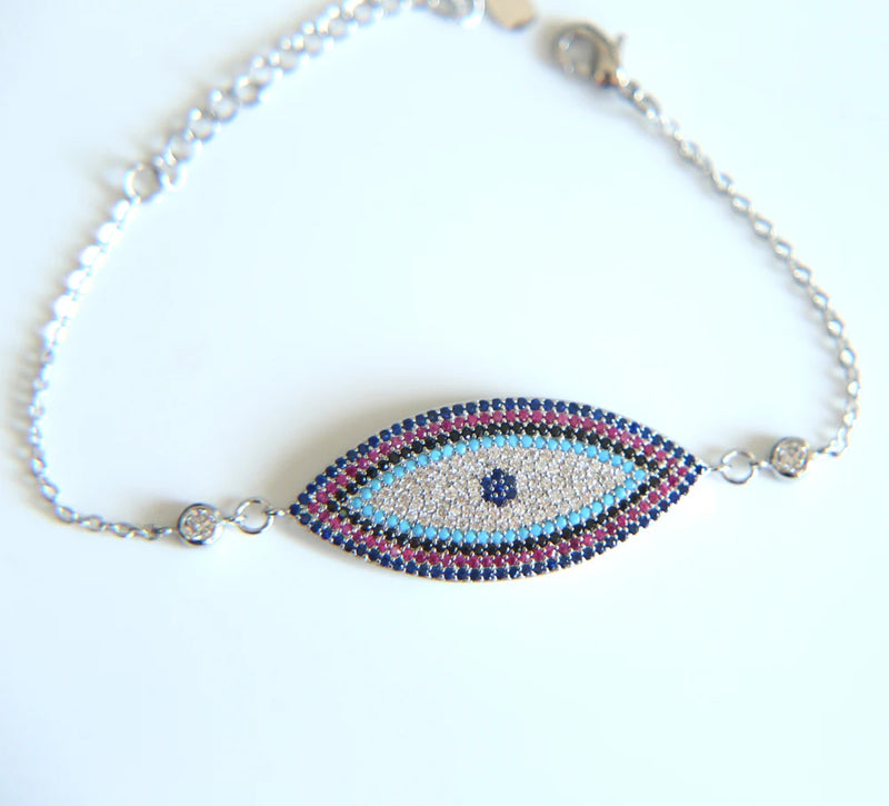 Micro Pave Multi-colored Zirconia Hamsa Bracelet Evil Eye Charm Women