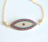 Micro Pave Multi-colored Zirconia Hamsa Bracelet Evil Eye Charm Women