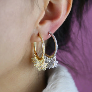 Micro Pave CZ Star Circle Hoop Earrings
