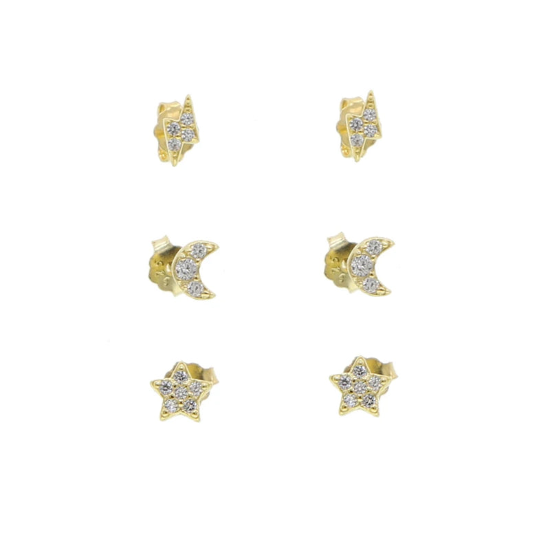 925 Silver Mini Stud Earring Set Moon Star Lightning CZ