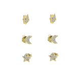 925 Silver Mini Stud Earring Set Moon Star Lightning CZ