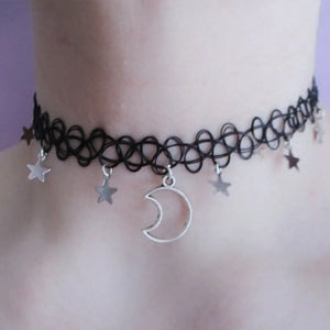 Moon & Stars Necklace - Tattoo Choker - Grunge Choker