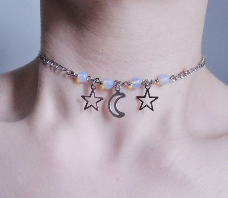 Moon & Stars Necklace - Tattoo Choker - Grunge Choker