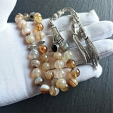 Grey Agate Stone Muslim Tasbih with Silver Tassel Islamic Rosary