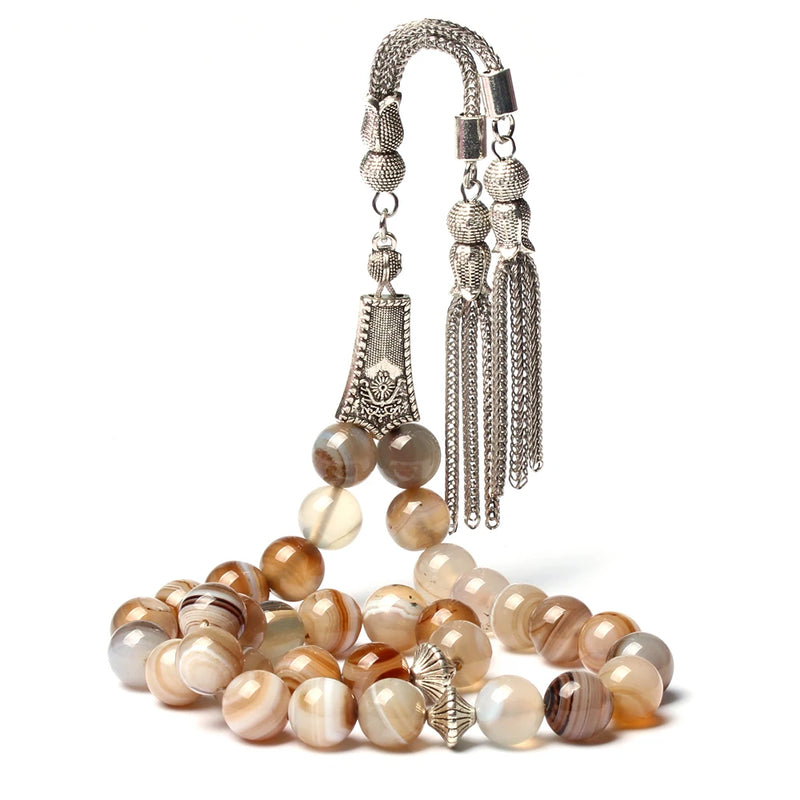 Grey Agate Stone Muslim Tasbih with Silver Tassel Islamic Rosary