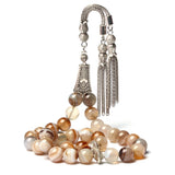 Grey Agate Stone Muslim Tasbih with Silver Tassel Islamic Rosary