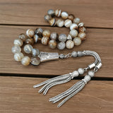Grey Agate Stone Muslim Tasbih with Silver Tassel Islamic Rosary