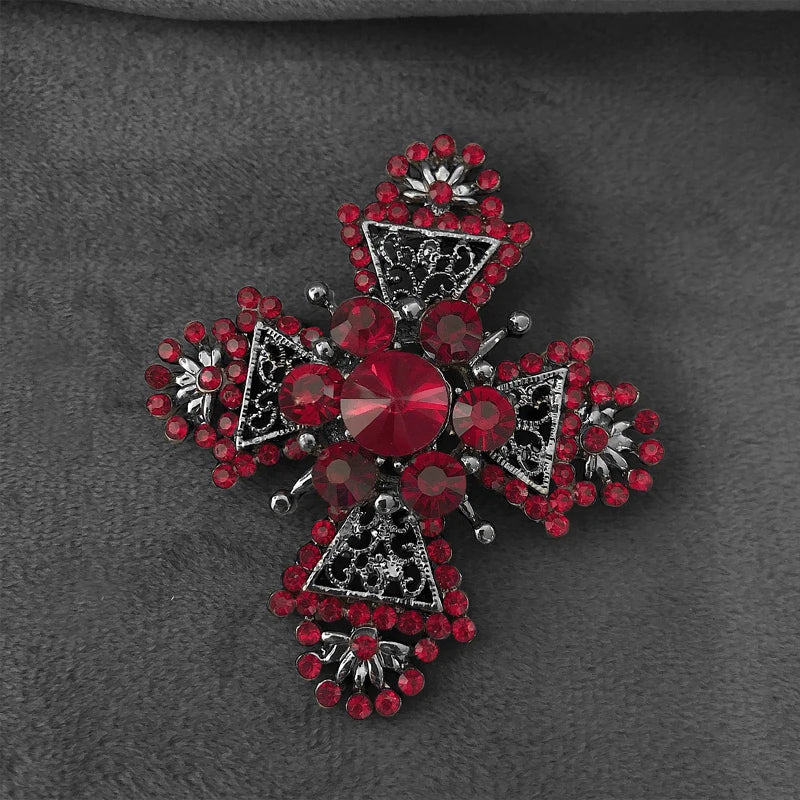 Baroque Cross Red Rhinestone Brooch Pin Vintage Jewelry