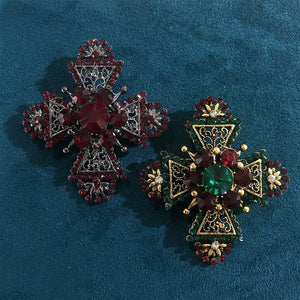Baroque Cross Red Rhinestone Brooch Pin Vintage Jewelry