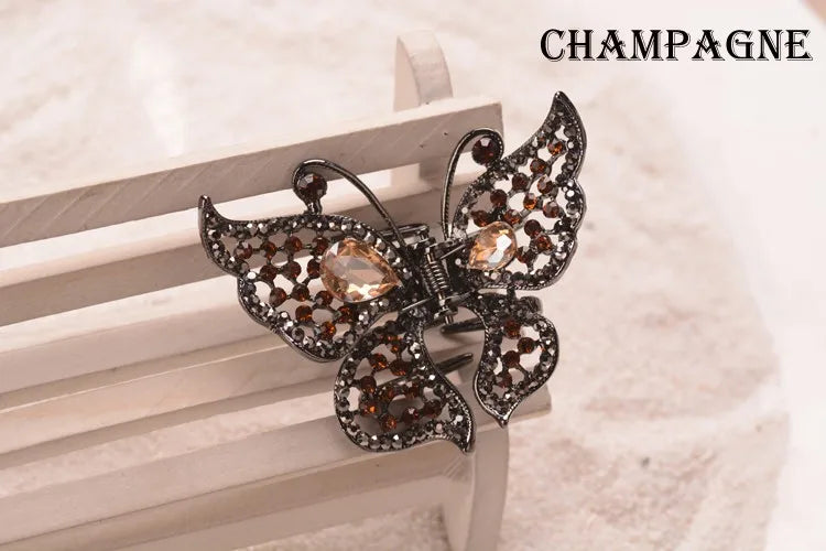 Vintage Crystal Butterfly Hair Claw Crab Rhinestone Clip