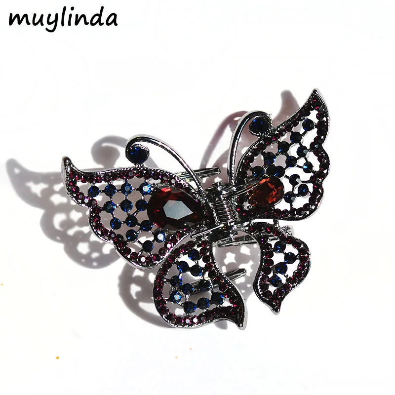 Vintage Crystal Butterfly Hair Claw Crab Rhinestone Clip