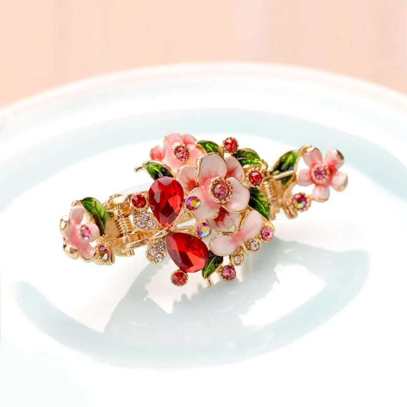 Enamel Flower Hair Claw Vintage Rhinestone Hair Clips