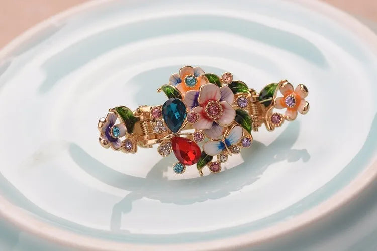 Enamel Flower Hair Claw Vintage Rhinestone Hair Clips
