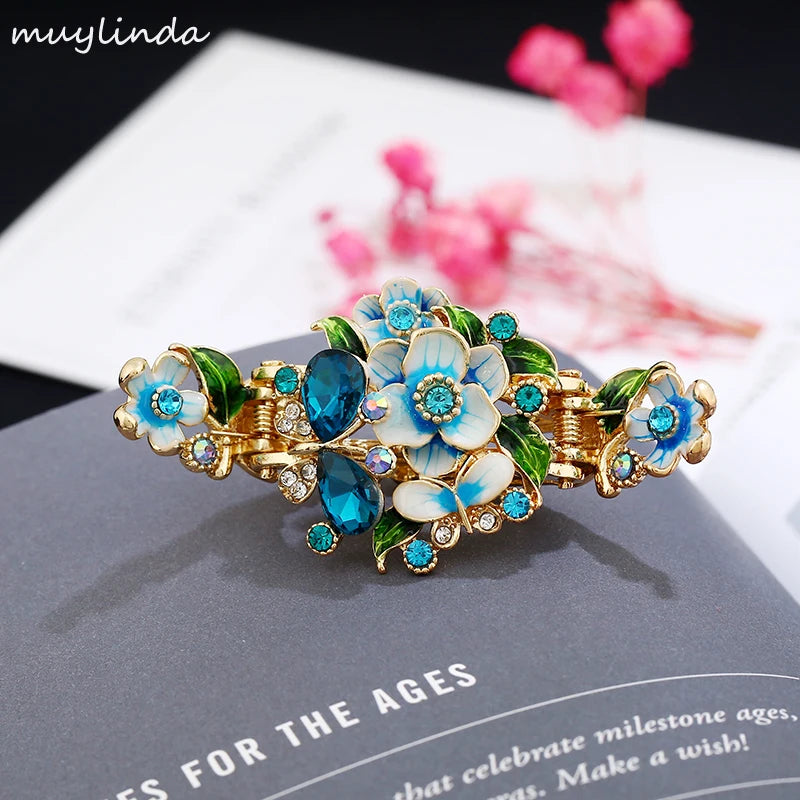 Enamel Flower Hair Claw Vintage Rhinestone Hair Clips