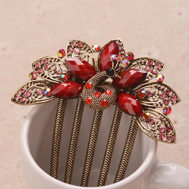 Vintage Peacock Hair Comb Chinese Rhinestone Hair Pin