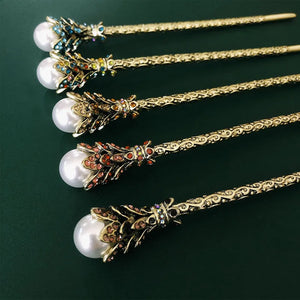 Vintage Pearl Hair Sticks Clip Crystal Rhinestone Hairpin Headwear