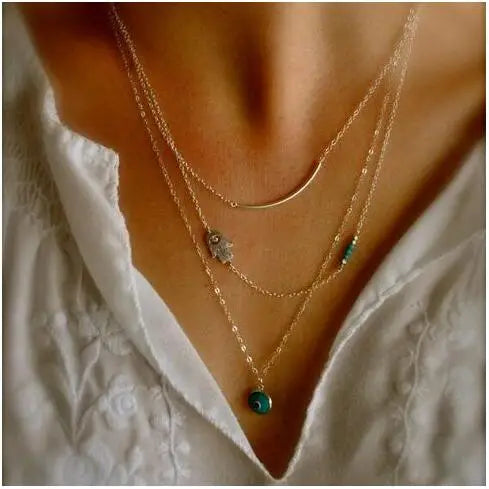 na411 3-layer Boho Hand Palm Eyes Necklace