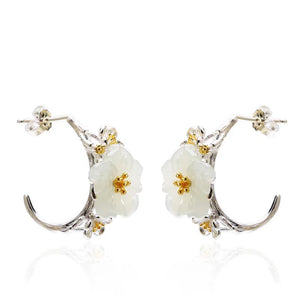 Hetian Chalcedony Cherry Blossom Earrings Retro Charm Women's Jewelry