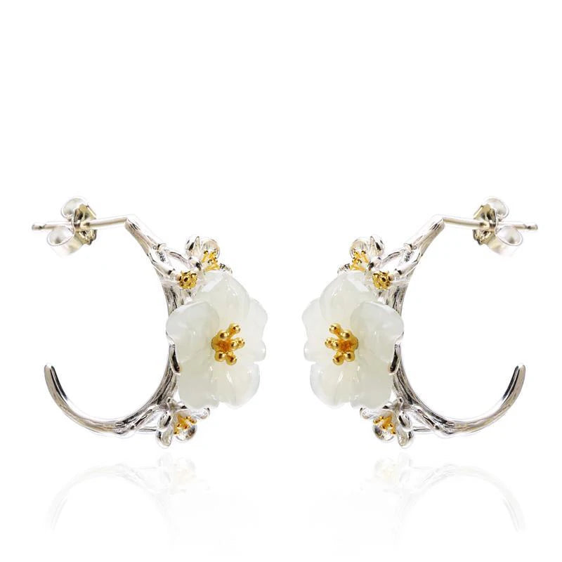 Hetian Chalcedony Cherry Blossom Earrings Retro Charm Women's Jewelry