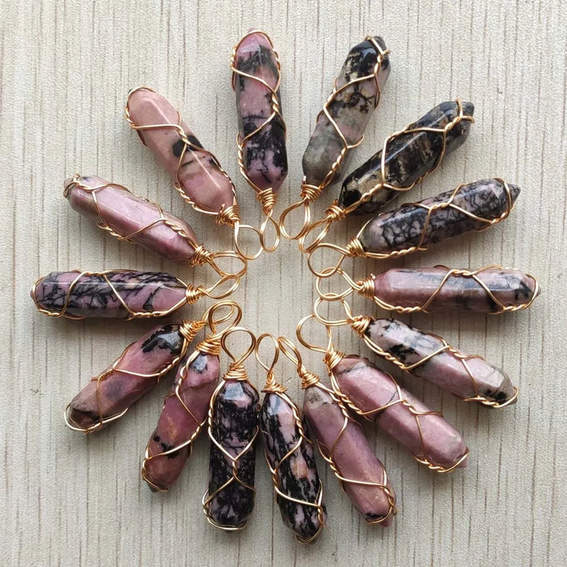 Rhodochrosite Wire Pillar Shape Pendants for Jewelry Making