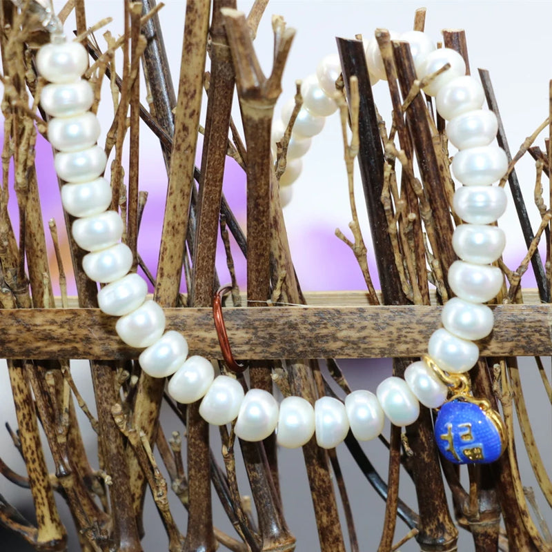 Freshwater Pearl Bead Bracelet with Cloisonne Spacers Charms