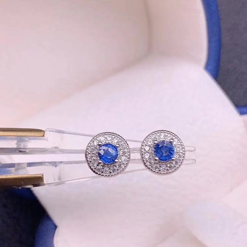 Natural Sapphire Stud Earrings 3*3mm 925 Silver Women Jewelry