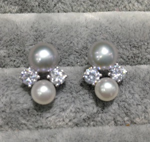 Freshwater Pearl Double Stud Earrings 925 Silver CZ Women's Jewelry