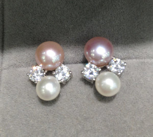 Freshwater Pearl Double Stud Earrings 925 Silver CZ Women's Jewelry