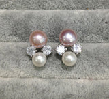 Freshwater Pearl Double Stud Earrings 925 Silver CZ Women's Jewelry