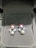 Freshwater Pearl Double Stud Earrings 925 Silver CZ Women's Jewelry