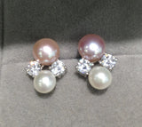 Freshwater Pearl Double Stud Earrings 925 Silver CZ Women's Jewelry