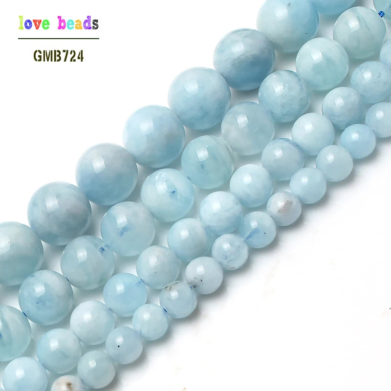 Aquamarina Round Stone Beads for Jewelry Making 15inches Strand 6/8/10/12mm